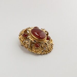 Vintage Sphinx Brooch Pin Red Poured Glass & Cabochon Rococo Baroque Style A530